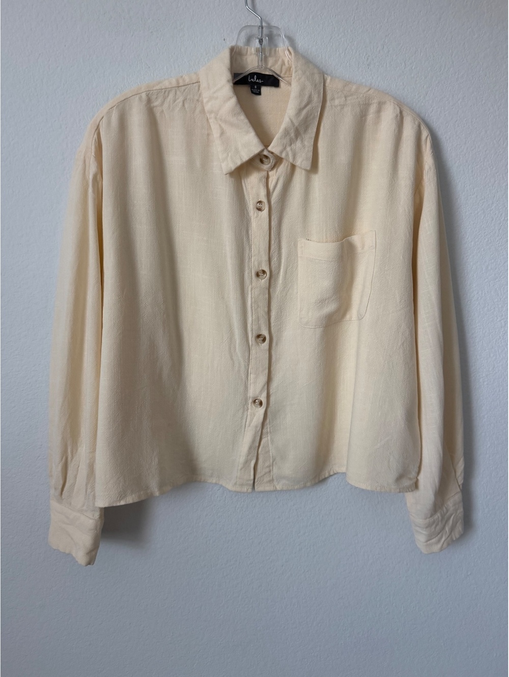 Lulus Linen Blend Long Sleeve Button Up Cream Cropped Shirt Women's Size S